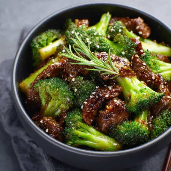 A bowl of beef and broccoli.