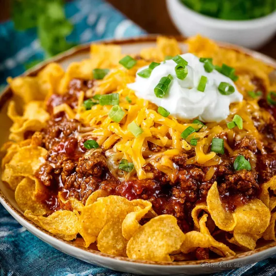 A bowl of Frito Chili Pie with a dollop of sour cream on top.