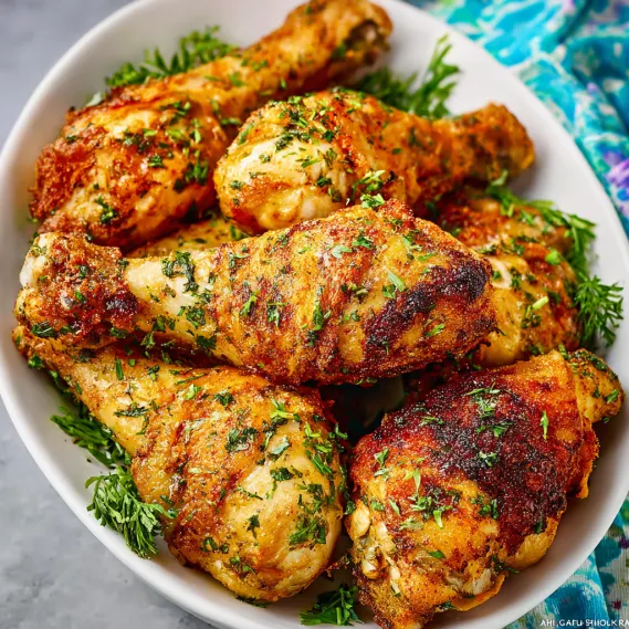 A bowl of chicken drumsticks with herbs and spices.