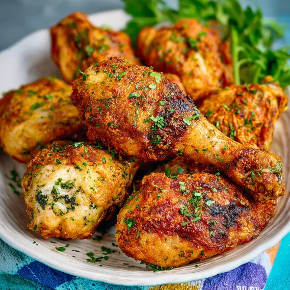 A plate of air fryer chicken drumsticks.