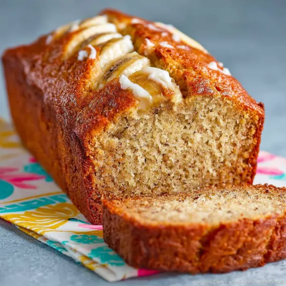 A slice of banana bread with sour cream on a plate.