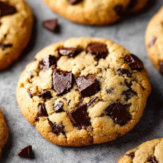 A close up of a chocolate chip cookie.