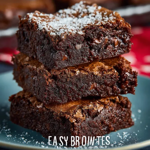A stack of brownies with powdered sugar on top.
