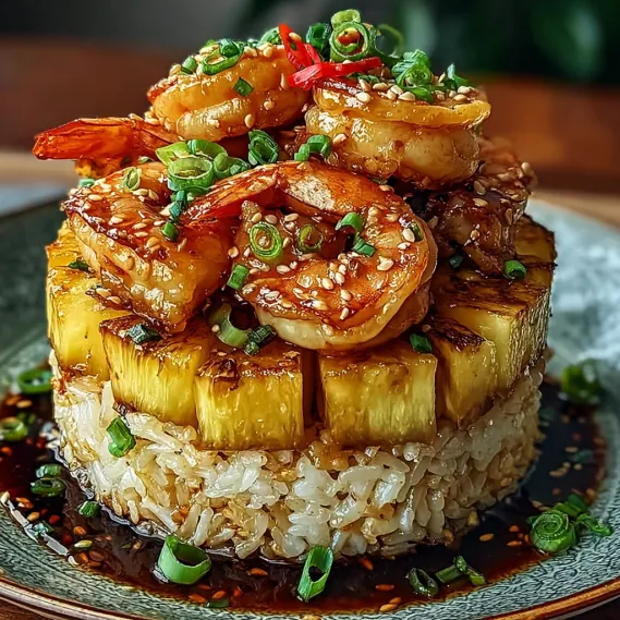 A plate of food with shrimp and pineapple on top.