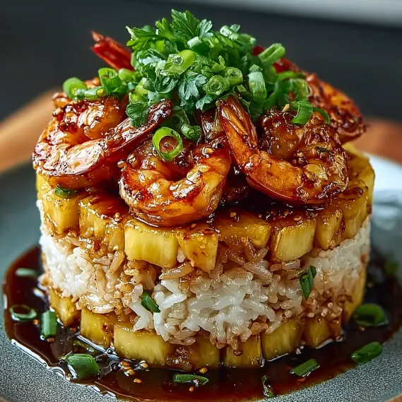 A stack of rice with shrimp and pineapple on top.