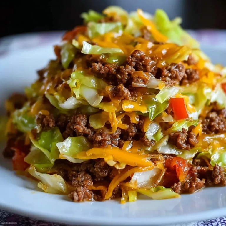 A plate of ground beef taco cabbage skillet.