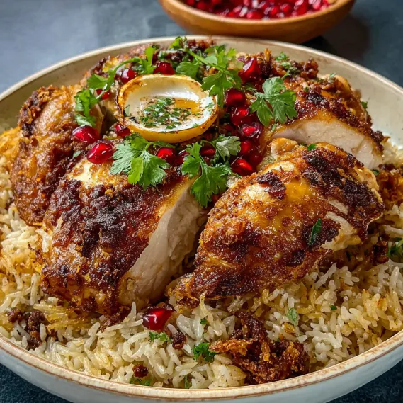 A plate of rice stuffed chicken with a lemon wedge on top.