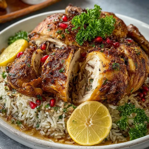 A plate of rice stuffed chicken with a lemon wedge on top.