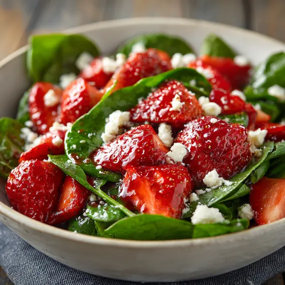 A bowl of salad with strawberries and feta cheese.