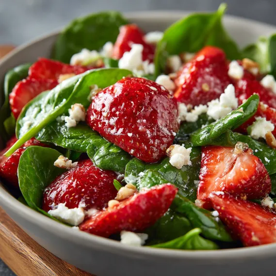 A bowl of strawberry feta spinach salad.