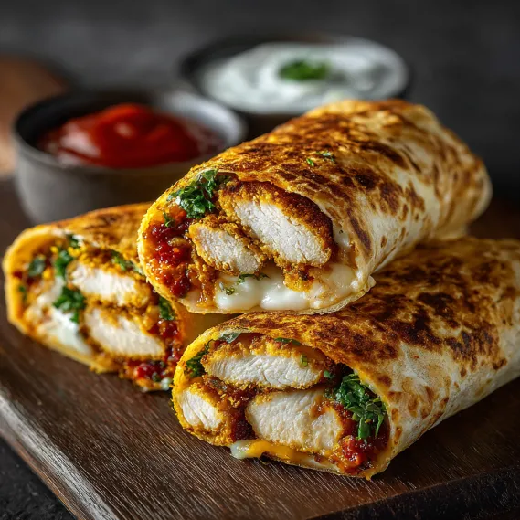 Two crispy air fryer chicken and mozzarella wraps.