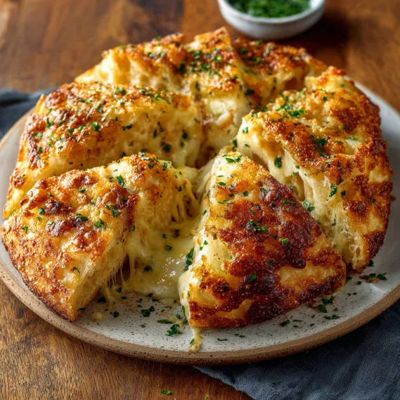 A slice of garlic bread with cheese and herbs.
