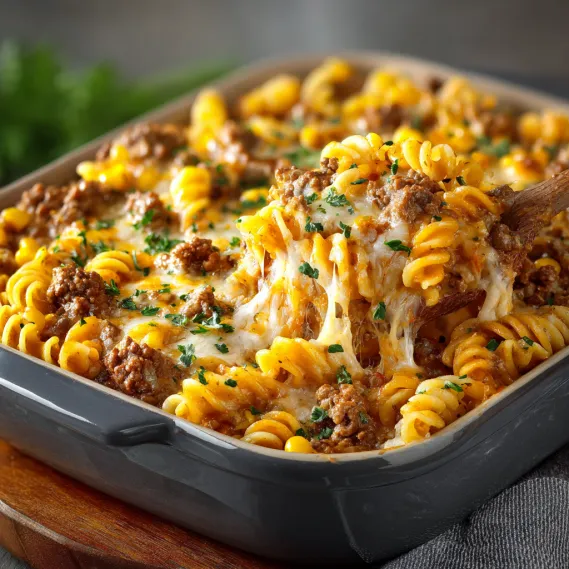 A dish of pasta with meat and cheese.