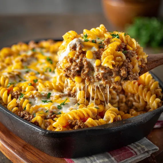 A loaded cheddar ranch beef and sweet corn rotini bake.