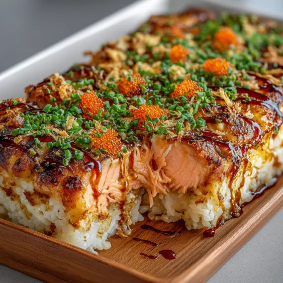 A close up of a Spicy Salmon Sushi Bake.