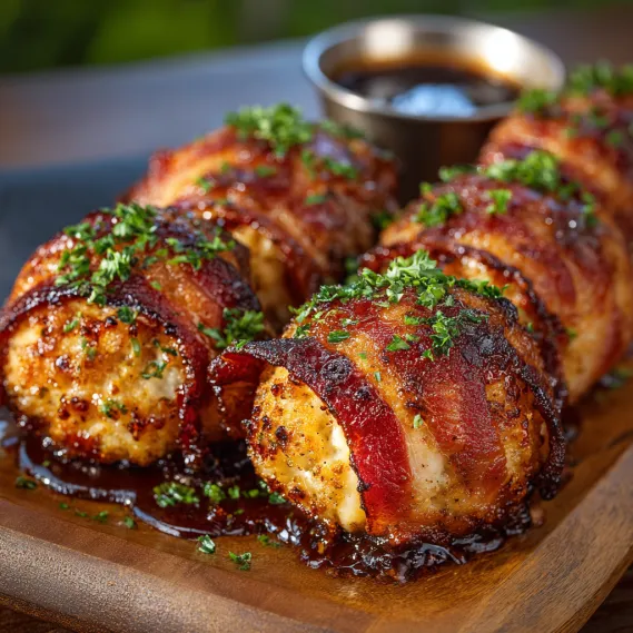 Cheddar-stuffed BBQ bacon bombs on a wooden tray.