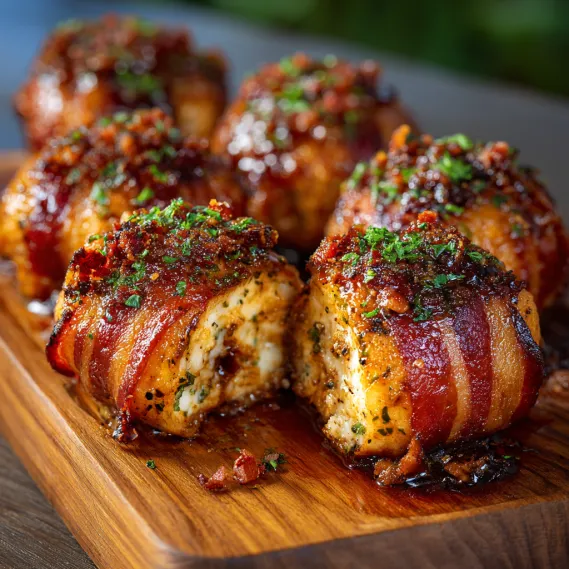 Cheddar-stuffed BBQ bacon bombs on a wooden platter.