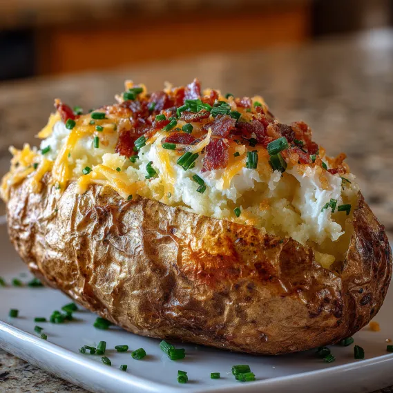 A baked potato with bacon and cheese on top.