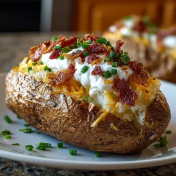 A baked potato with bacon and cheese on top.
