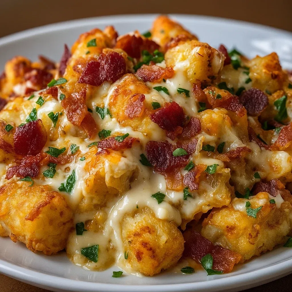 A plate of cheesy chicken bacon ranch tater tot casserole.