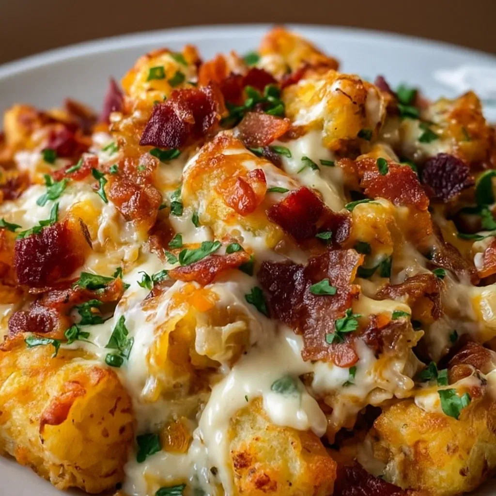 A close up of a cheesy chicken bacon ranch tater tot casserole.