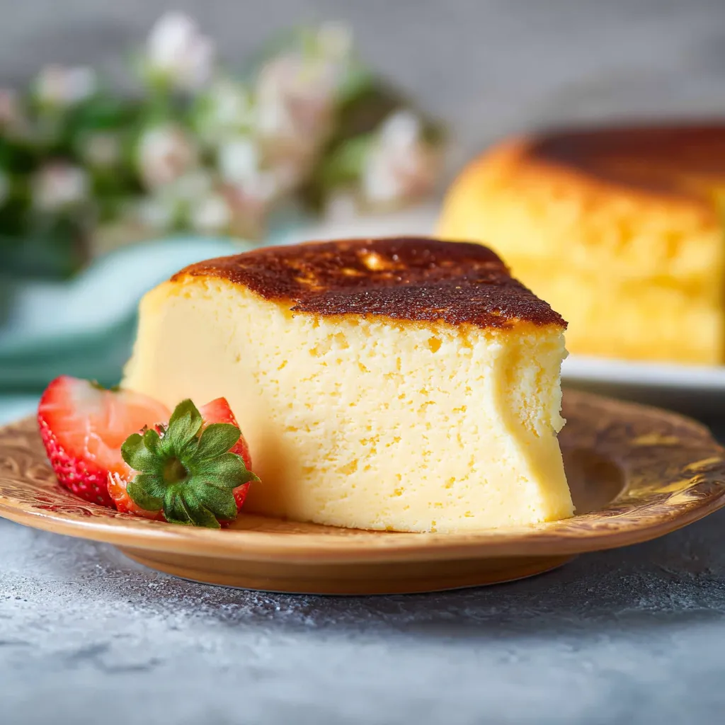 A slice of Japanese cheesecake on a plate.