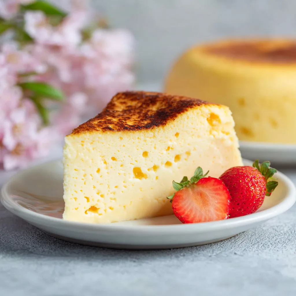 A slice of Japanese cheesecake with strawberries on top.