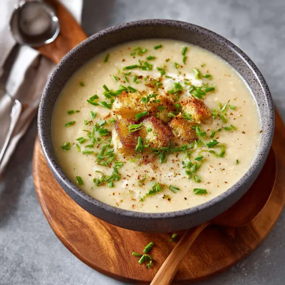A bowl of vegan potato soup with green herbs on top.