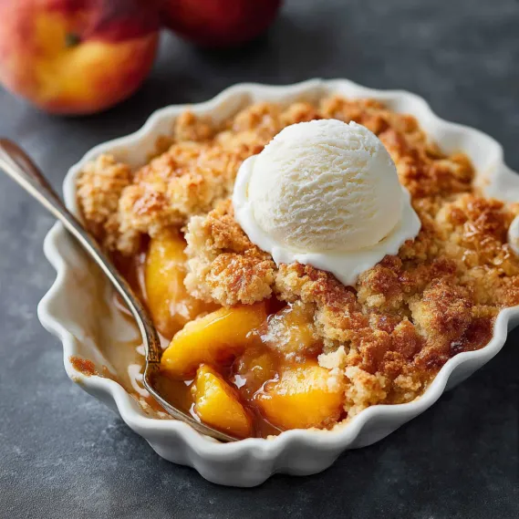 A bowl of vegan peach cobbler with a scoop of ice cream on top.