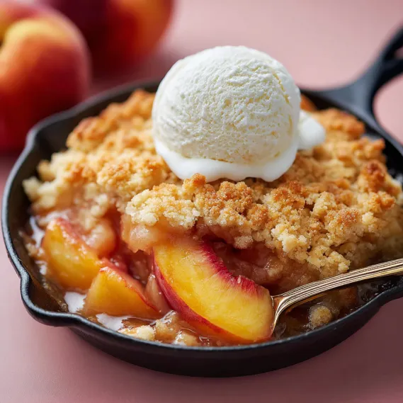 A bowl of vegan peach cobbler with a scoop of ice cream on top.