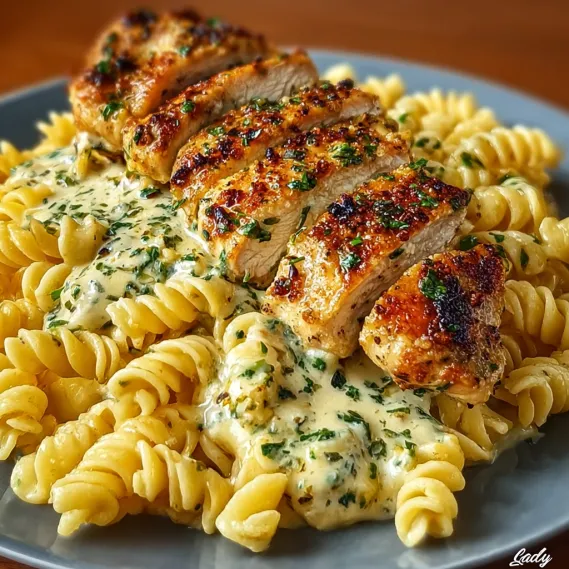 A plate of food with chicken and pasta.