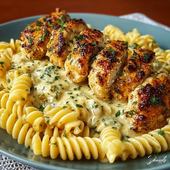 A plate of food with chicken and pasta.