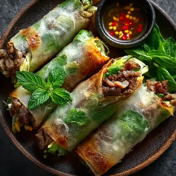 A plate of beef rolls with a bowl of sauce.