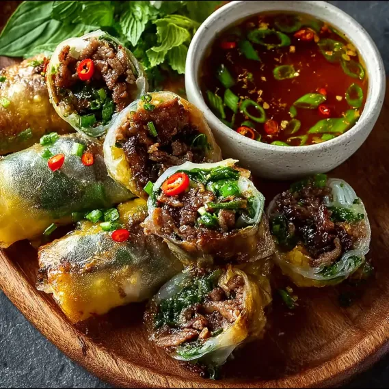 A plate of beef rolls with a bowl of sauce.