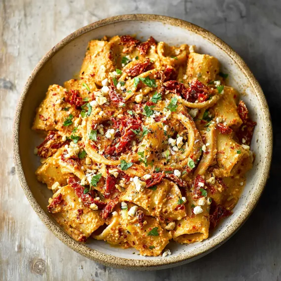 A bowl of pasta with sun-dried tomato ricotta pesto.