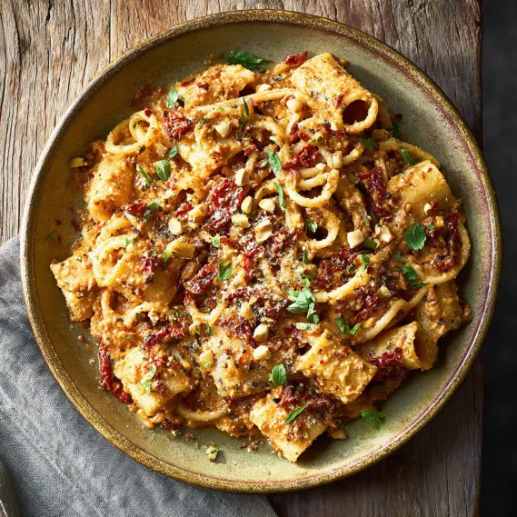A bowl of pasta with sun-dried tomato ricotta pesto.