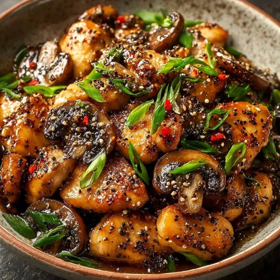 A bowl of black pepper chicken with mushrooms.