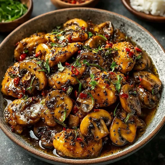 A bowl of black pepper chicken with mushrooms.