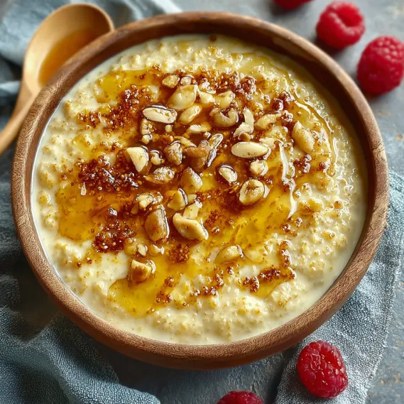 A bowl of custard oatmeal with nuts on top.