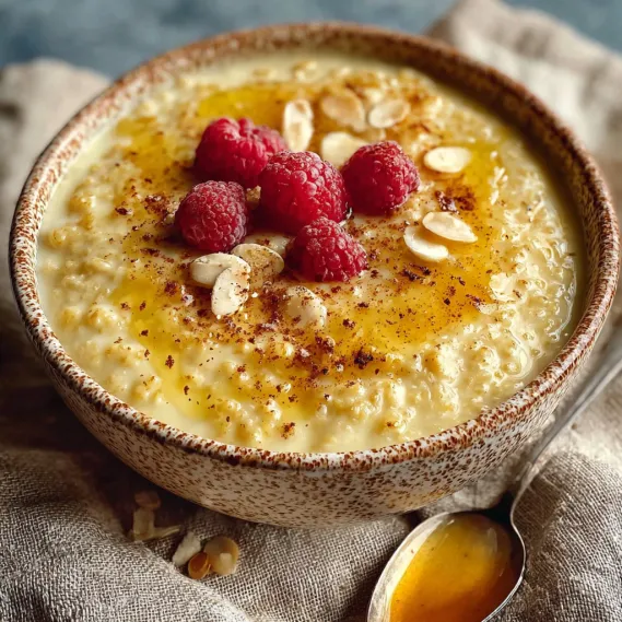 A bowl of custard oatmeal with a spoon in it.