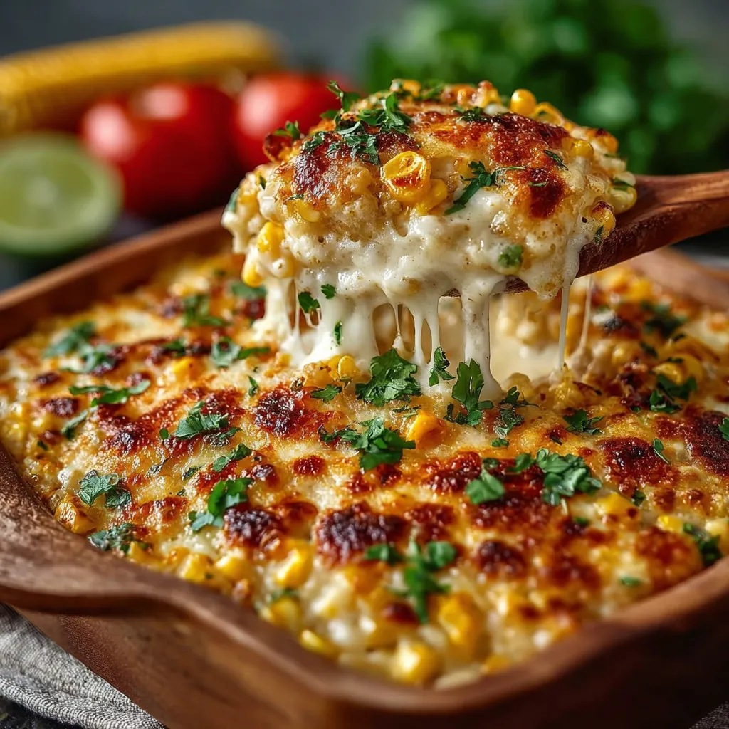 A close up of a delicious street corn chicken casserole.
