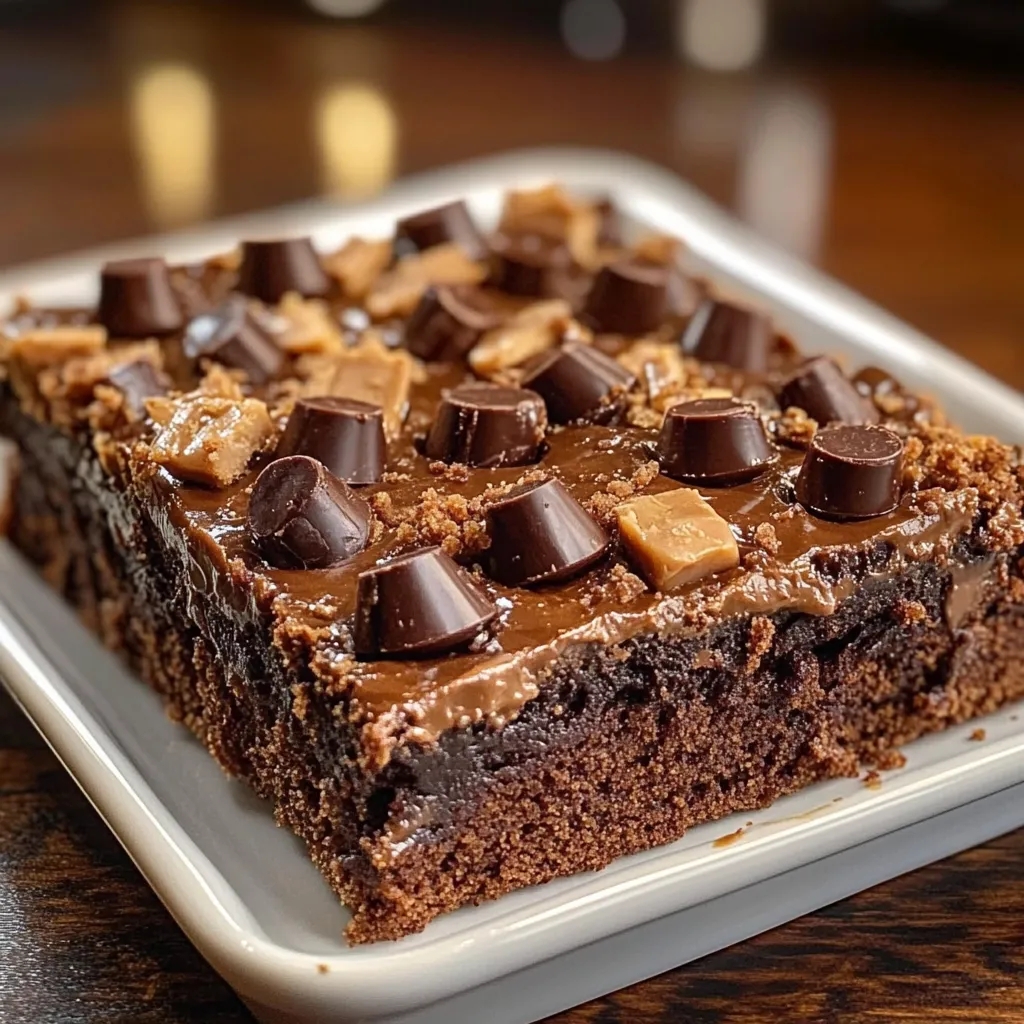 A slice of peanut butter cup dump cake.