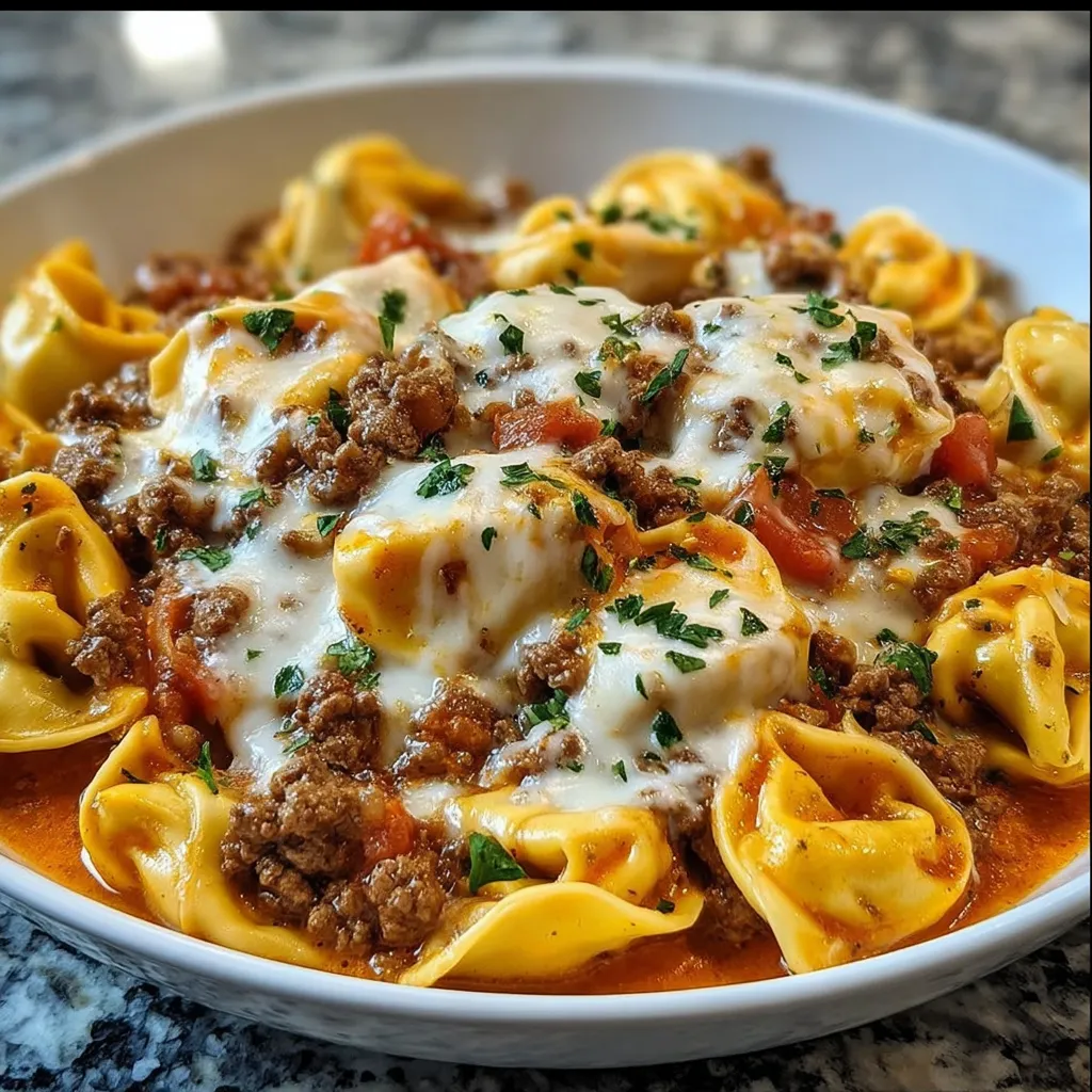 A bowl of pasta with meat and cheese.
