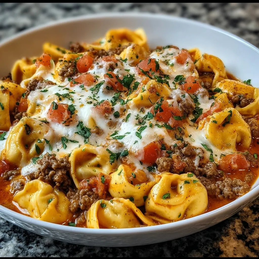 A bowl of pasta with meat and cheese.