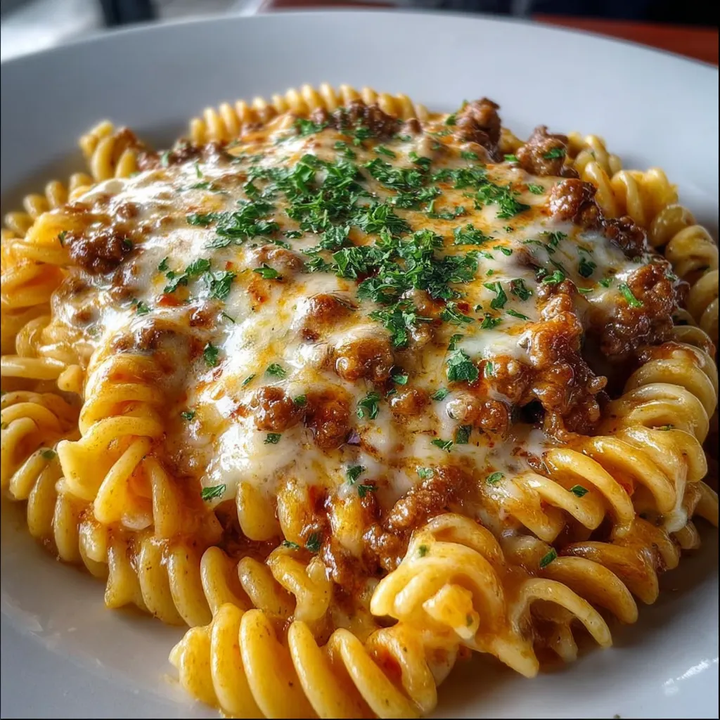 A plate of Cajun Cheesy Beef Rotini in Creamy Garlic Sauce.