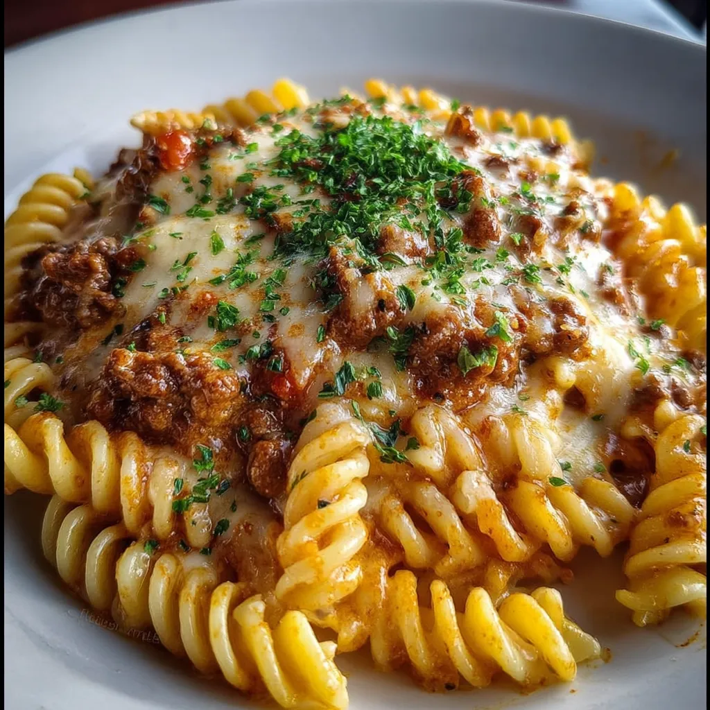 A plate of Cajun Cheesy Beef Rotini in Creamy Garlic Sauce.