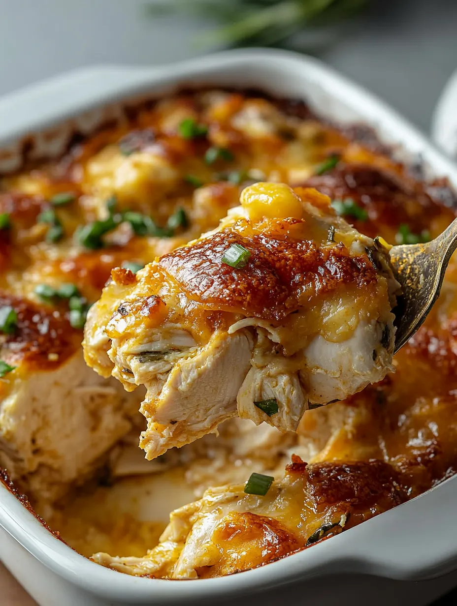 A fork is being used to eat a piece of chicken from a casserole dish.