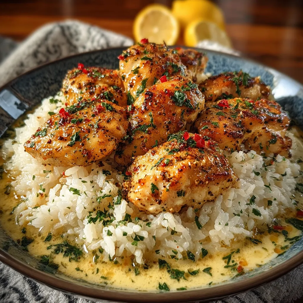 A plate of chicken scampi with creamy garlic parmesan rice.