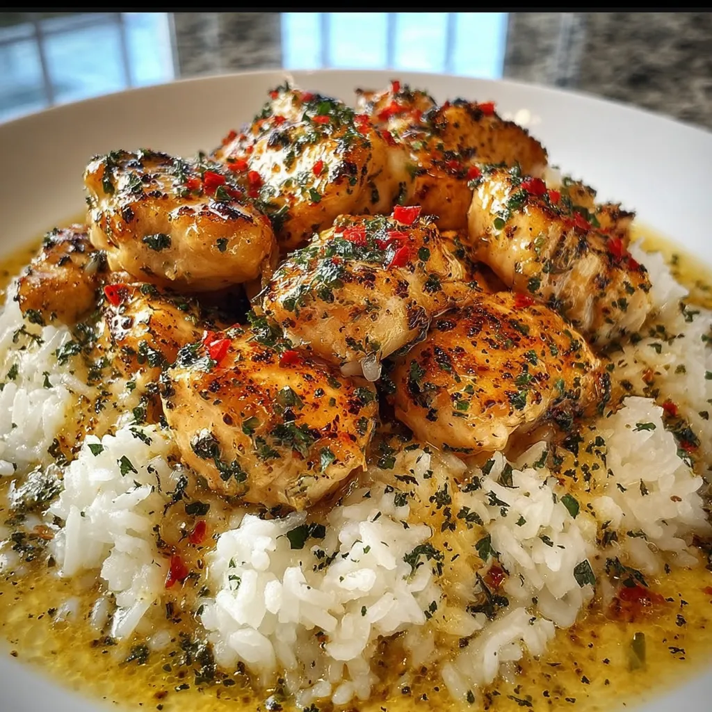 A plate of chicken scampi with creamy garlic parmesan rice.