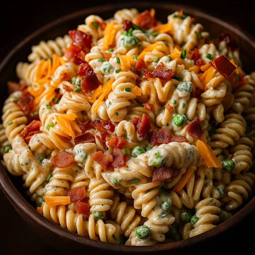 A bowl of creamy bacon ranch pasta salad.